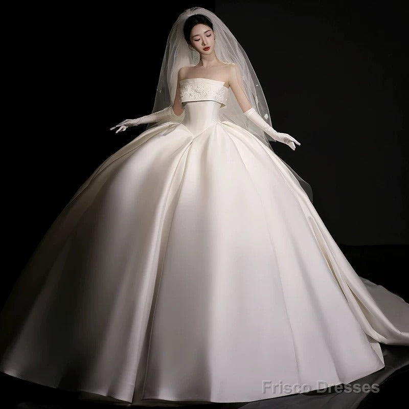 Luxury Ball Gown Strapless Sleeveless Satin White Wedding Dresses Brides Dress Main image