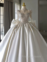 Luxury Ball Gown Sweetheart Neckline Long Sleeves Sequin White Wedding Dress Brides Dress