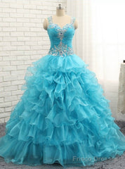 Luxury Blue Crystal Ruffles Sweetheart Organza Quinceanera Dresses
