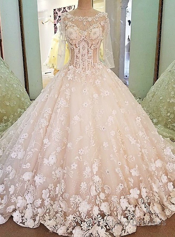 Luxury Bridal Gown With Sleeves Beading 3D Flowers Ball Gown Lace Wedding Dress Main image