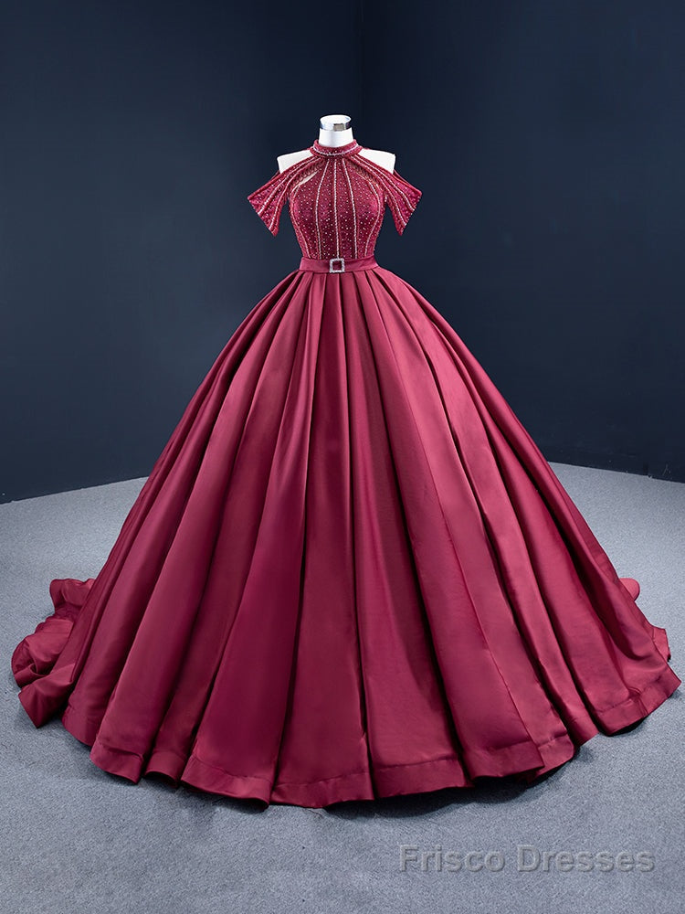 Luxury Burgundy Satin Halter Beading Prom Dress Main image
