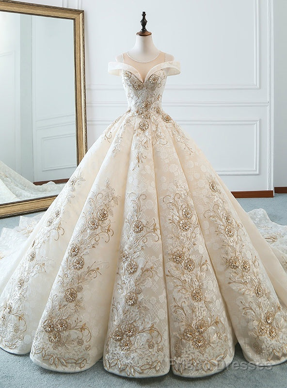 Luxury Champagne Ball Gown Appliques Long Train Wedding Dress Main image