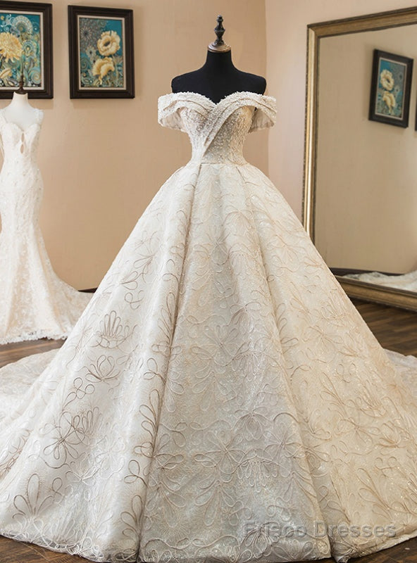 Luxury Champagne Ball Gown Lace Off The Shoulder Wedding Dress With Pearls Main image