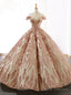 Luxury Champagne Gold Sequins Ball Gown Off The Shoulder Prom Dress