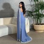 Vintage Dusty Blue Mermaid Evening Dress Applique Beaded Prom Dress Unique Cape Design Long Party Dress