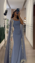Vintage Dusty Blue Mermaid Evening Dress Applique Beaded Prom Dress Unique Cape Design Long Party Dress
