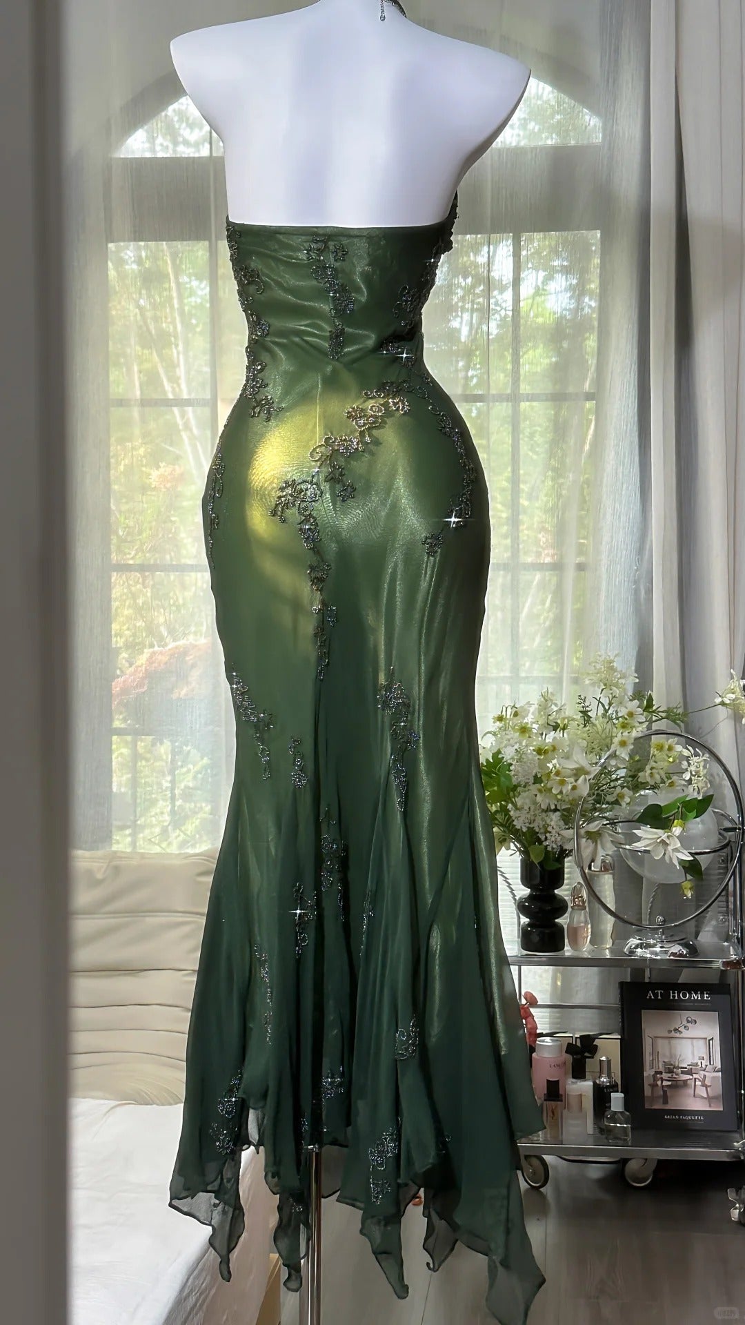 Luxury Dark Green Mermaid Bead Embroidered Chiffon Long Prom Dress Evening Dress