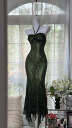 Luxury Dark Green Mermaid Bead Embroidered Chiffon Long Prom Dress Evening Dress