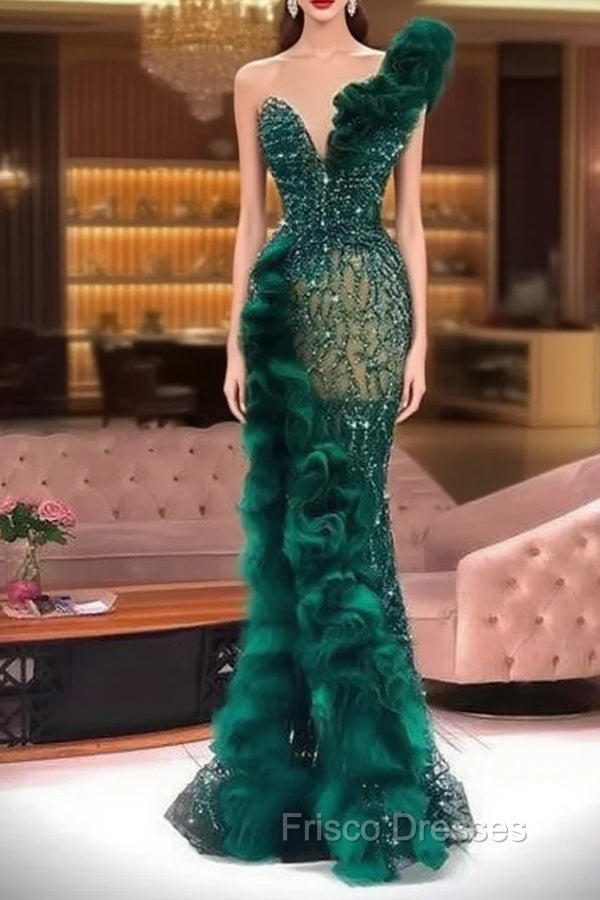 Luxury Evening Dress Fashion Design Side Split Ruffles Tulle Mermaid Formal Prom Dress Glitter Sequins Beads Custom Made Chic Formal