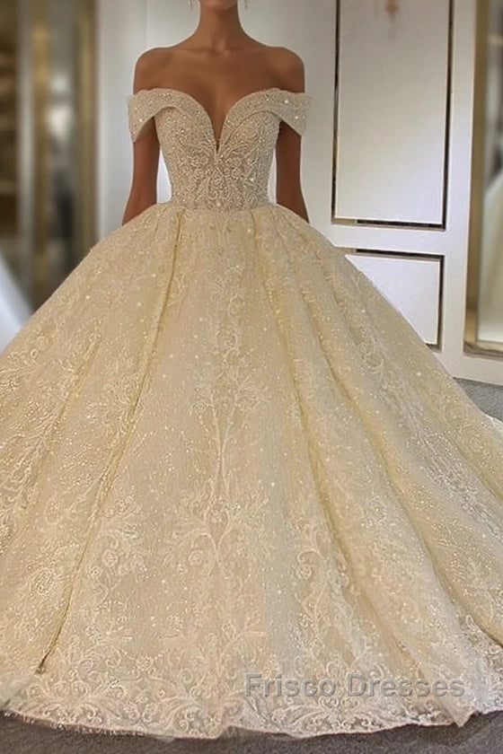 Luxury Long Ball Gown Off-the-Shoulder Lace Tulle Wedding Dress with Beading Main image