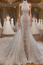 Luxury Long Mermaid Halter Beading Sleeveless Wedding Dresses With Pearls