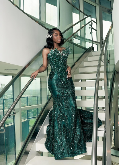 Luxury One Shoulder Satin Beaded Evening Dress Emerald Green Mermaid P