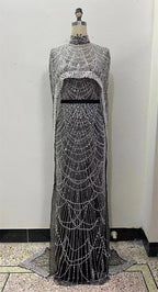 Luxury Pearls Beading Prom Dresses Sweep Train High Neck Zipper Sleeveless Evening Dresses