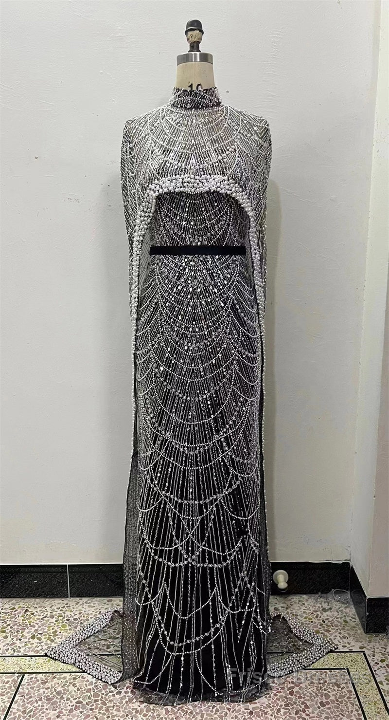 Luxury Pearls Beading Prom Dresses Sweep Train High Neck Zipper Sleeveless Evening Dresses