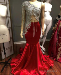 Luxury Red Satin Evening Dresses With Crystal Beaded One Shoulder Mermaid Prom Dress