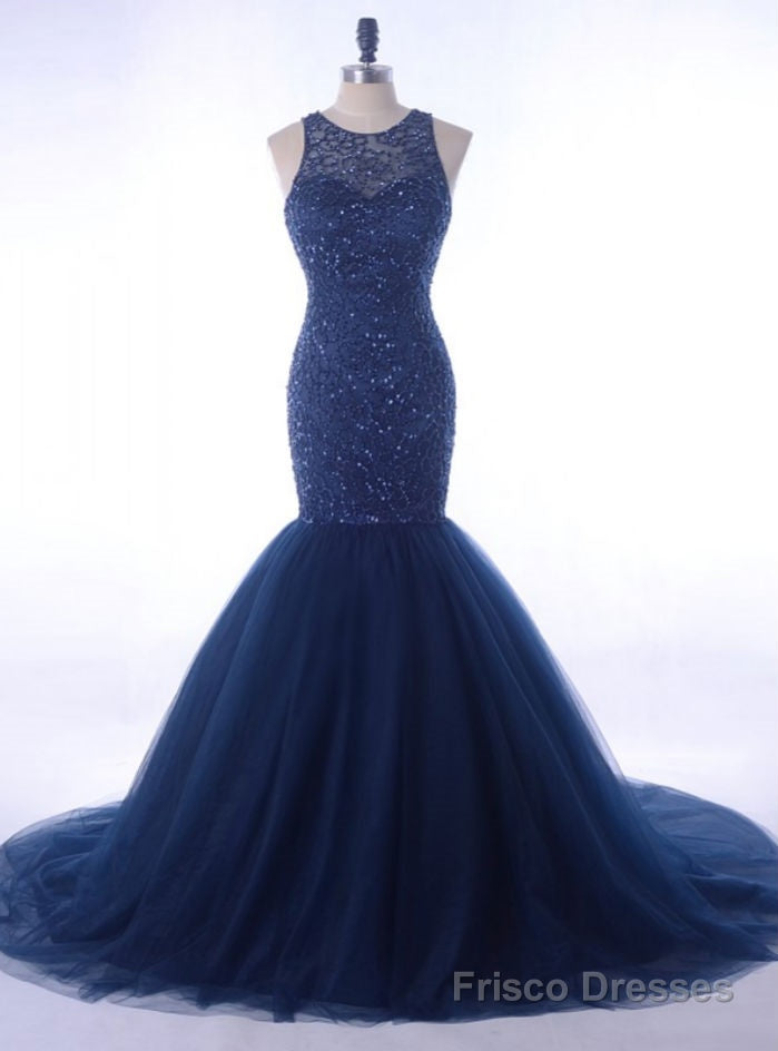 Luxury Rhinestone Evening Gown Beading Navy Blue Women Formal Party Dress