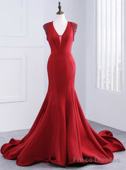 Luxury Satin V-neck Mermaid Long Dresses Floor Length Evening Dresses