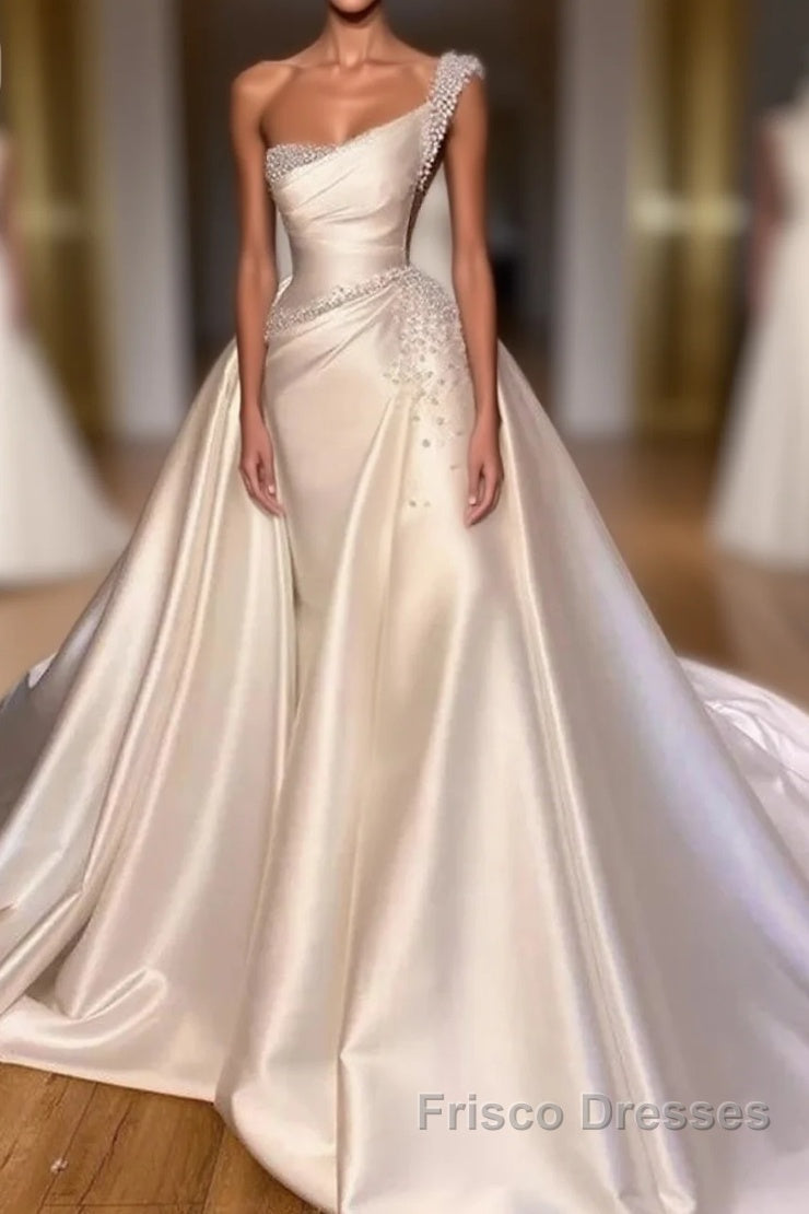 Luxury Satin Wedding Dress Beaded One Shoulder Bridal Dress With Panel Train Floor Length Elegant Main image