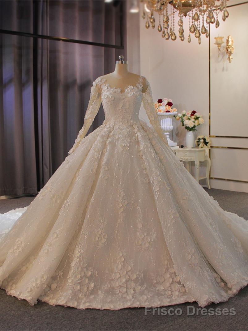 Luxury Sequins Beading Long Sleeve Flower Wedding Dress Main image