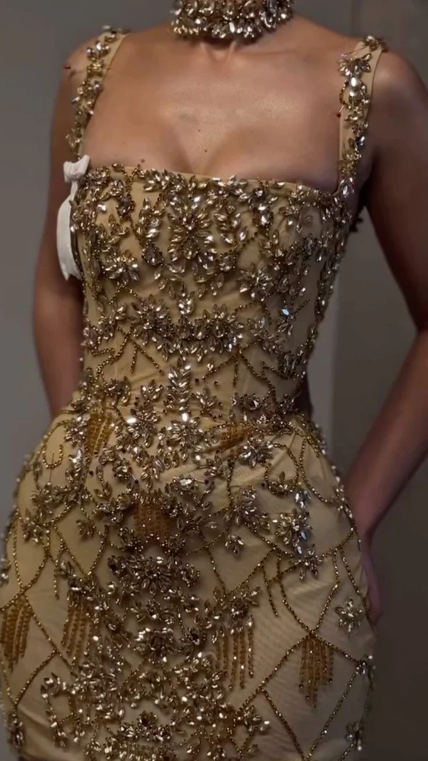 Luxury Sheath Square Neck Gold Short Formal Grade Homecoming Dresses Gold Cocktail Dress Secondary image