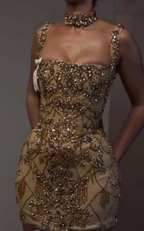Luxury Sheath Square Neck Gold Short Formal Grade Homecoming Dresses Gold Cocktail Dress