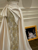 Luxury Slim-Fit Strapless Lace Satin Train Prom Dress Evening Dress Wedding Dress