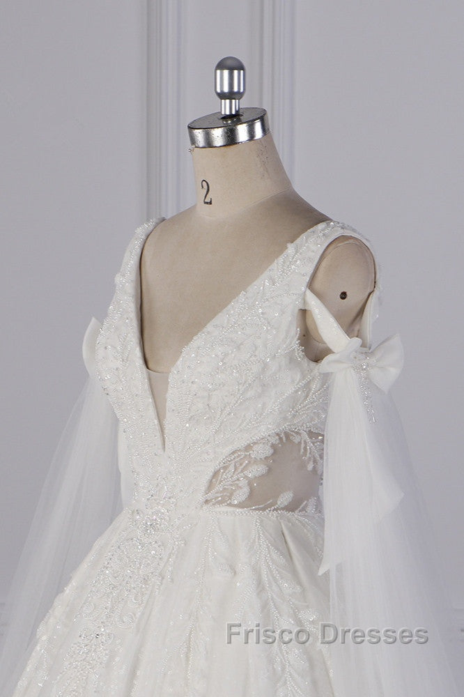 Luxury V-Neck Beadings Wedding Dress Tulle Sleeveless Sequined Bridal Gowns