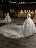 Luxury V-Neck Half Sleeves Tulle Applique With Beading Cathedral Train Ball Gown Wedding Dress