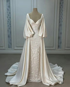 Luxury Wedding Dresses, Ivory Satin Lace A-Line Bridal Gowns