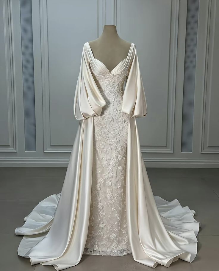 Luxury Wedding Dresses, Ivory Satin Lace A-Line Bridal Gowns