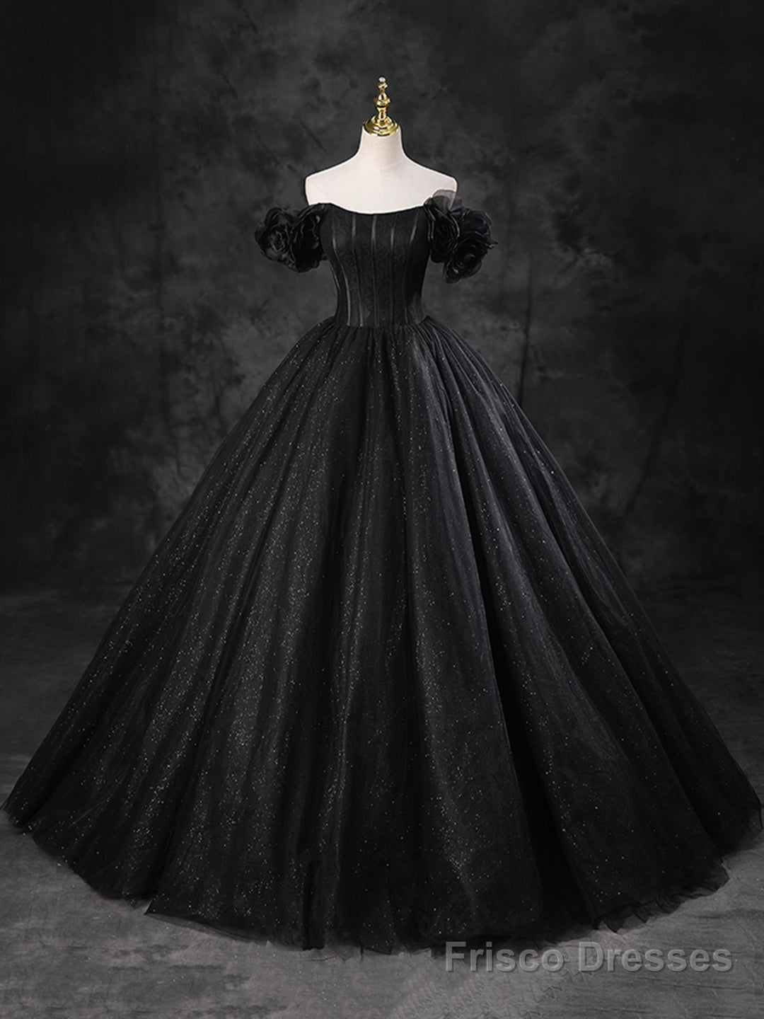 Black Sparkly Tulle Off the Shoulder Long Formal Dress, Elegant A-Line Black Evening Party Dress Main image