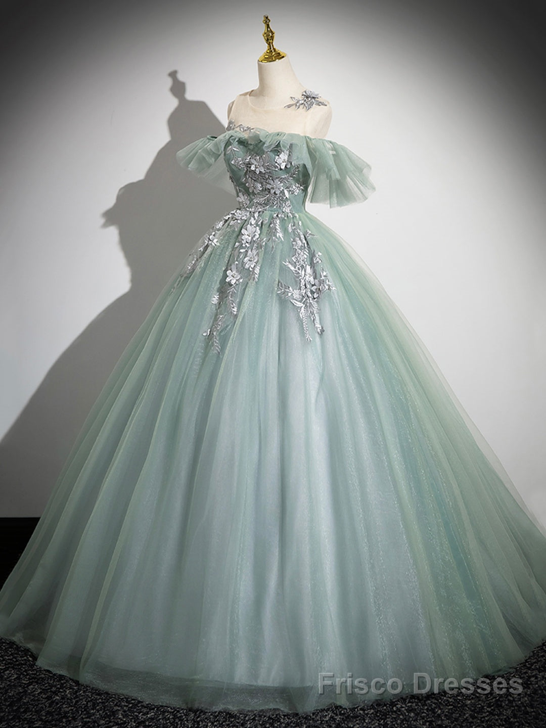 Cute Tulle Lace Long Prom Dress, A-Line Scoop Neckline Off Shoulder Evening Party Dress