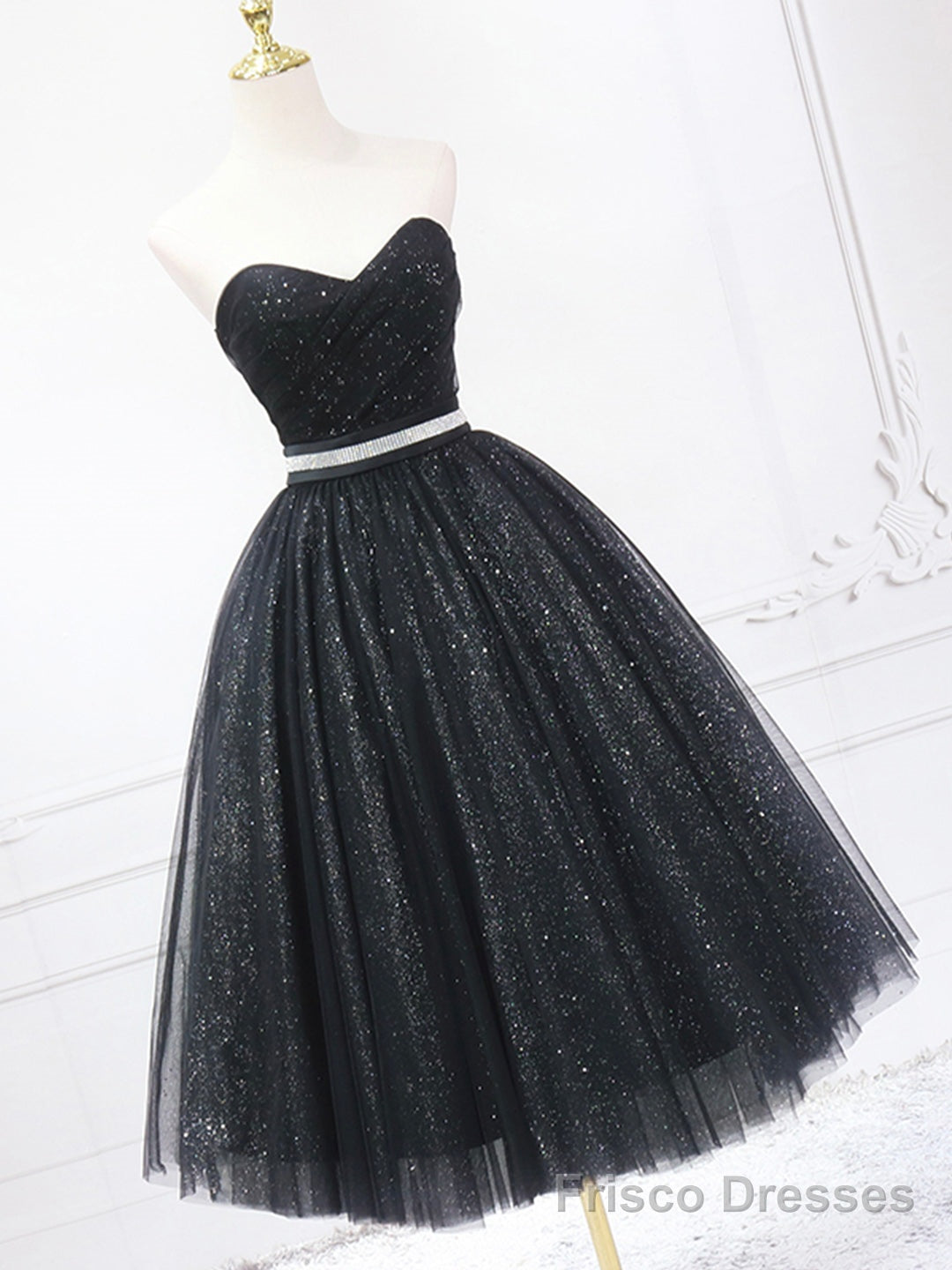 Black Shiny Tulle Tea Length Prom Dress, Black Strapless A-Line Party Dress