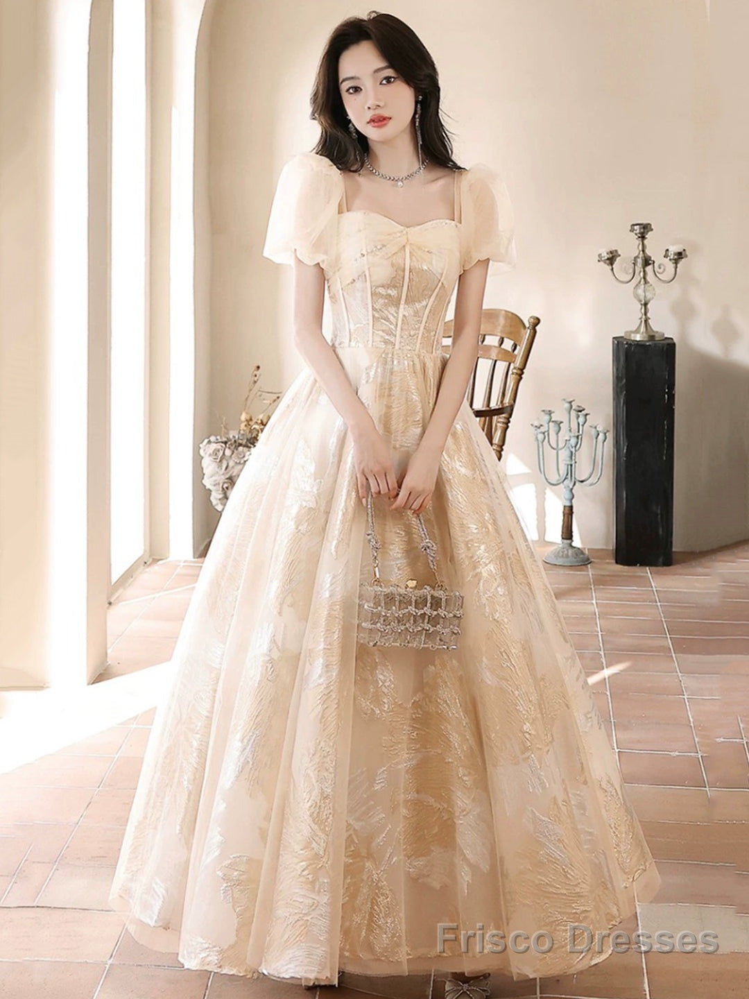 Champagne Tulle Floor Length Prom Dress, Cute Short Sleeve Evening Dress Secondary image