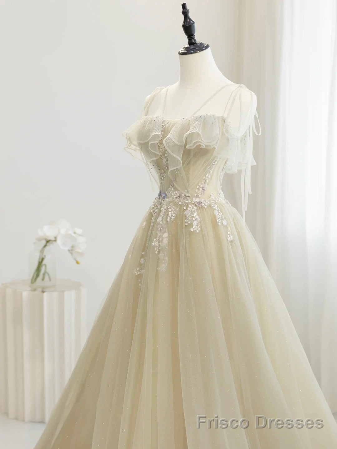 Cute Tulle Sequins Floor Length Prom Dress, Beautiful Spaghetti Strap Evening Party Dress