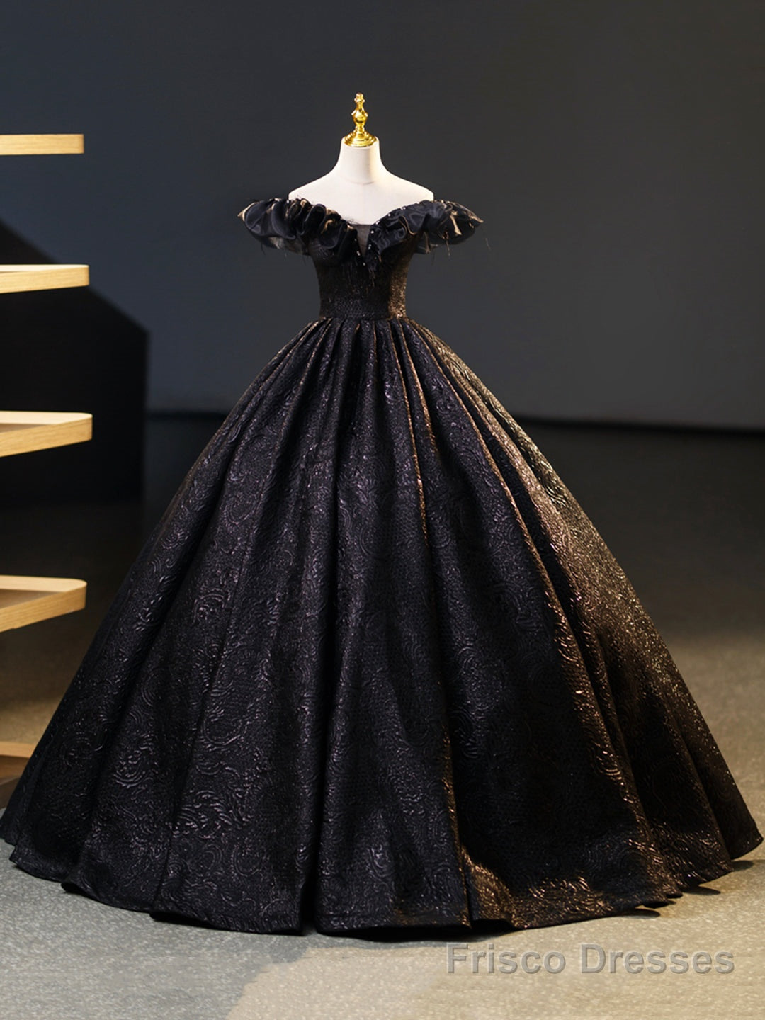 Black V-Neck Floor Length Formal Dress, A-Line Off the Shoulder Evening Party Dress Main image