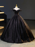 Black V-Neck Floor Length Formal Dress, A-Line Off the Shoulder Evening Party Dress