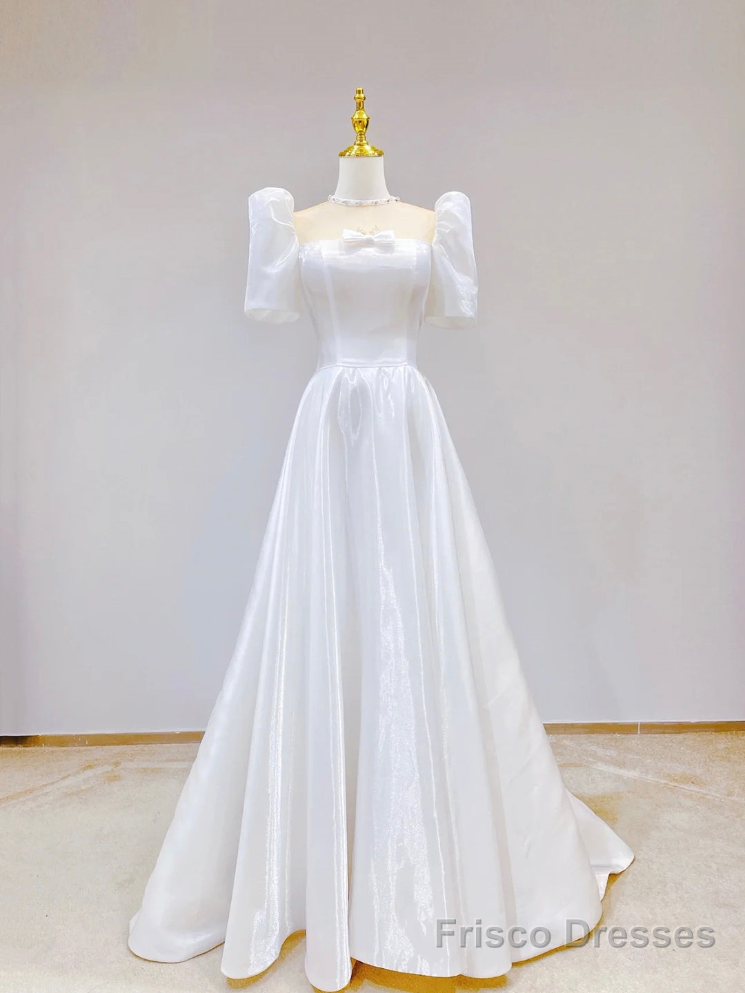 White Satin Short Sleeve Floor Length Prom Dress, White A-Line Party Dress Main image