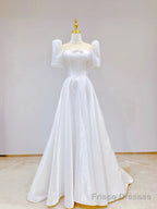 White Satin Short Sleeve Floor Length Prom Dress, White A-Line Party Dress