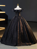 Black V-Neck Floor Length Formal Dress, A-Line Off the Shoulder Evening Party Dress