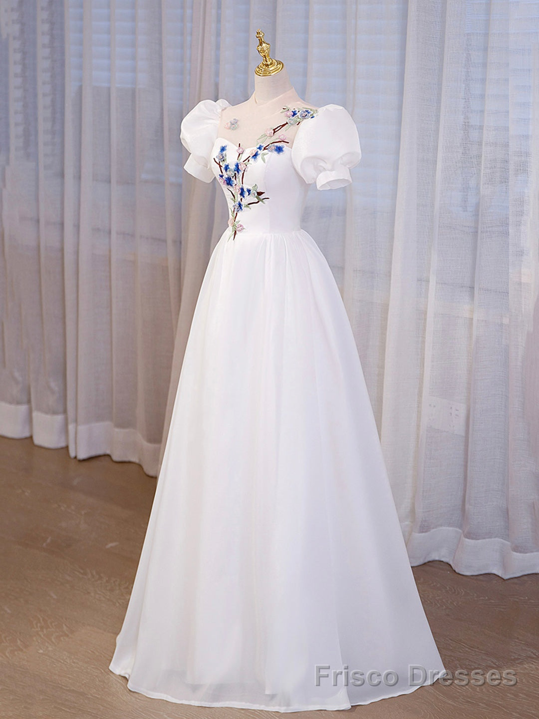 Elegant White Tulle Appliques Long Prom Dress, White High Neck A-Line Evening Dress Secondary image
