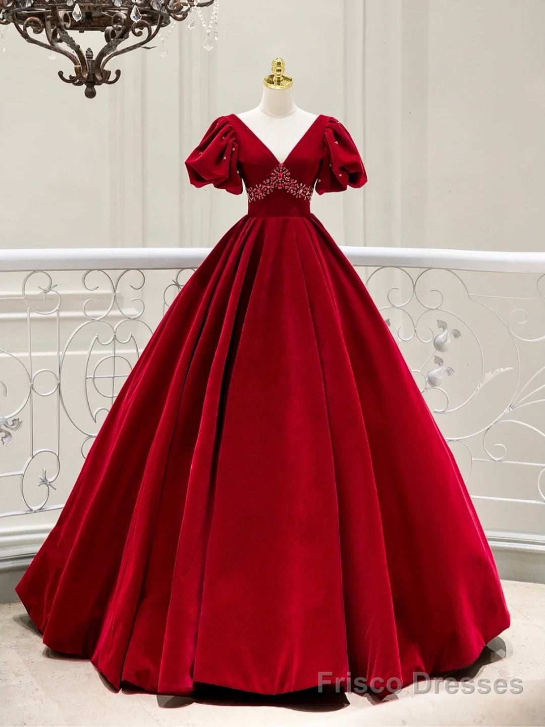 Burgundy Velvet V-Neck Long Formal Dress, A-Line Short Sleeve Evening Party Dress Main image