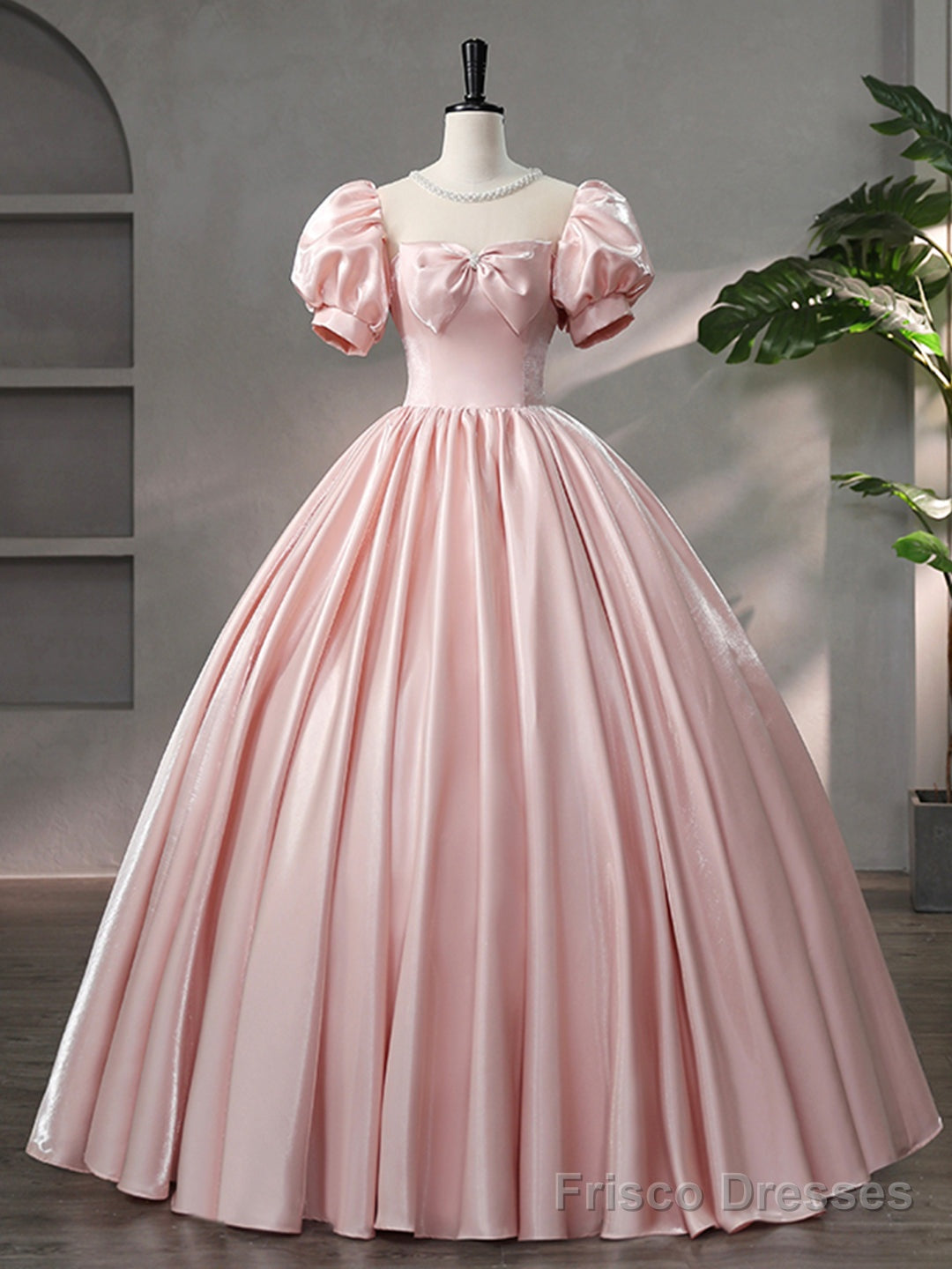 Beautiful Pink Scoop Neck Satin Floor Length Prom Dress, A-Line Short Sleeve Evening Dress with Bow Main image