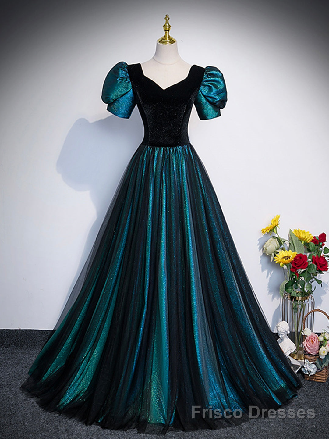 Unique Black Velvet and Tulle Long Prom Dress, A-Line Short Sleeve Evening Party Dress Main image
