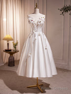 White Spaghetti Strap Satin Short Prom Dress, White V-Neck Evening Party Dress