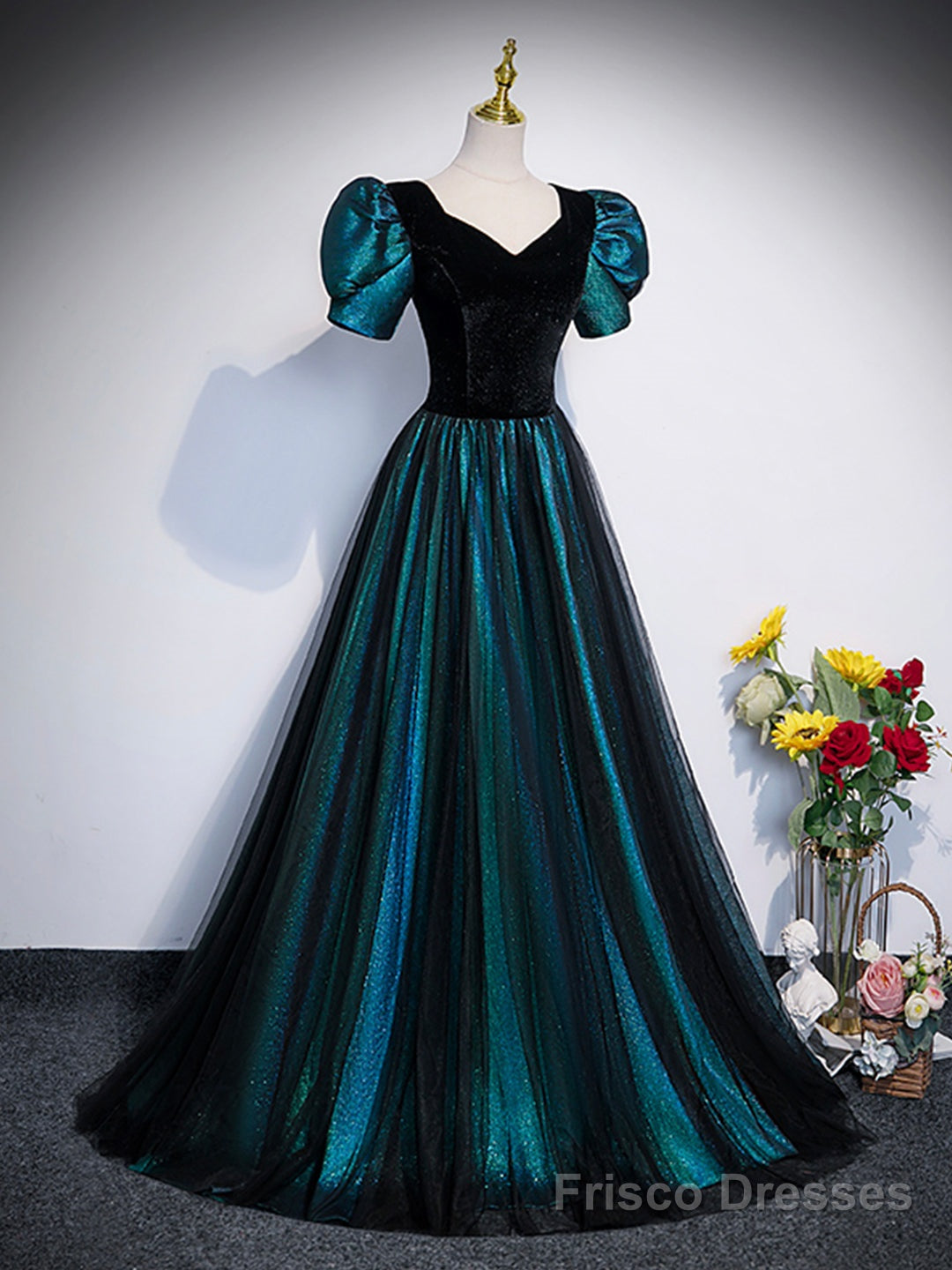 Unique Black Velvet and Tulle Long Prom Dress, A-Line Short Sleeve Evening Party Dress