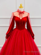 Red Velvet Tulle Floor Length Prom Dress, Beautiful Long Sleeve Evening Party Dress