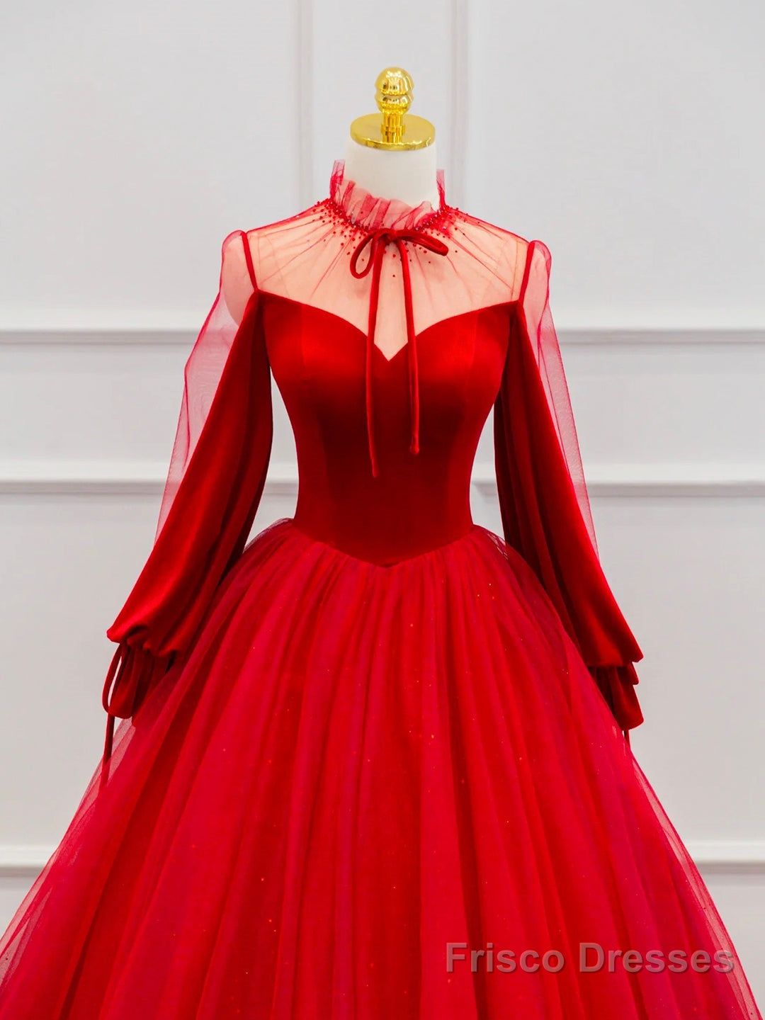 Red Velvet Tulle Floor Length Prom Dress, Beautiful Long Sleeve Evening Party Dress