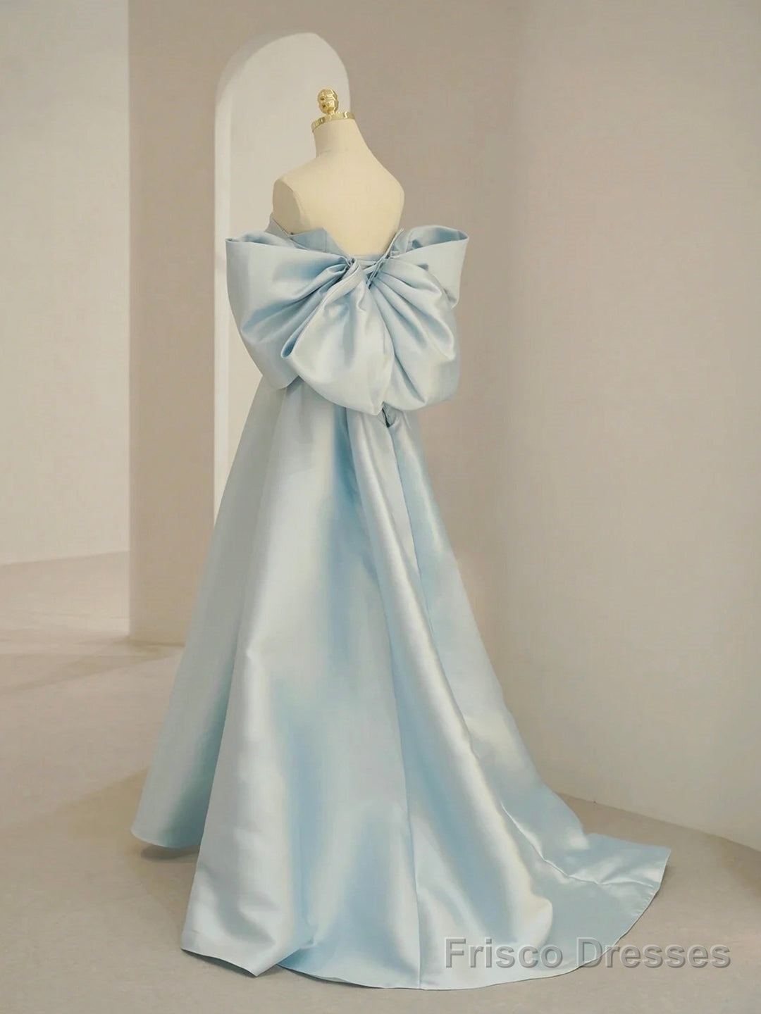Charming Blue Satin Long Prom Dress with Big Bow, A-Line Sweetheart Neck Formal Dress Secondary image