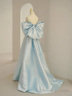 Charming Blue Satin Long Prom Dress with Big Bow, A-Line Sweetheart Neck Formal Dress